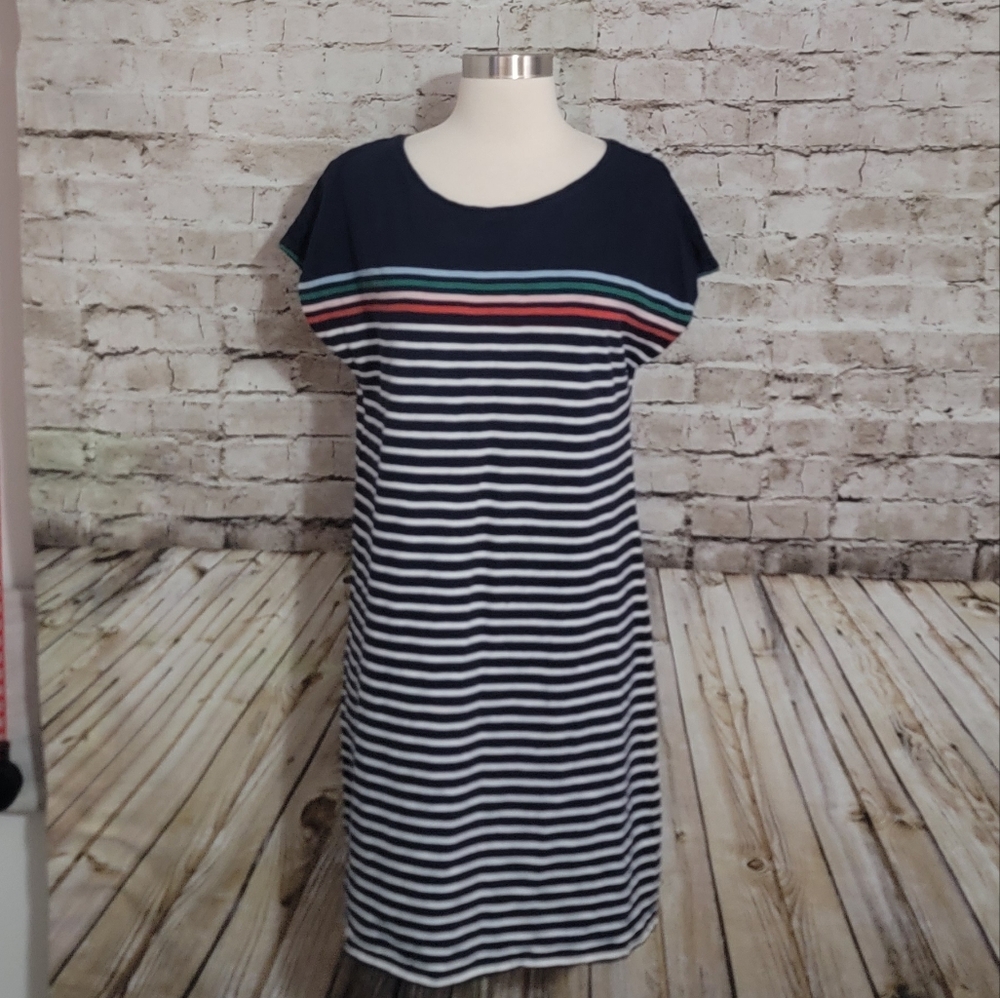 Boden Navy and White Striped Knit Dress with Multicolor Yoke